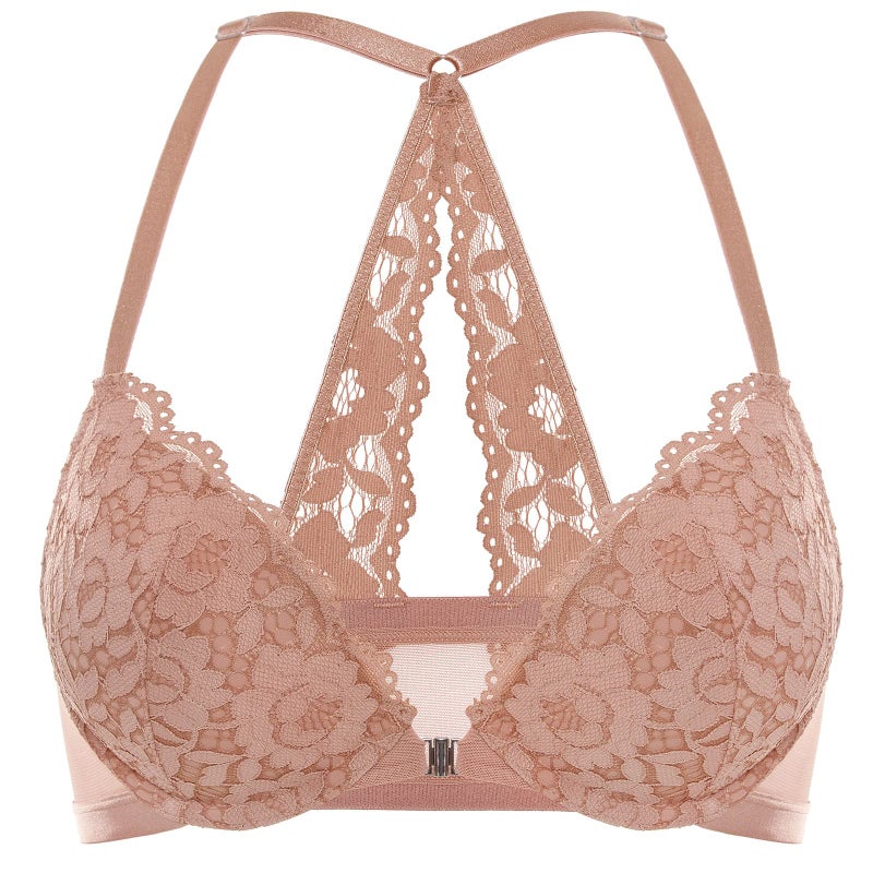 DOBREVA Women's Push Up Bra Racerback Front Closure Bras Lace Padded Underwire Plunge Floral Cream Coffee 32A - Image 1